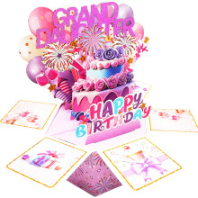 (GRAND DAUGHTER) 3D Pop-Up Birthday Card for Granddaughter, Explosion Box with Cake and Balloons, Unique Foldable Greeting Card