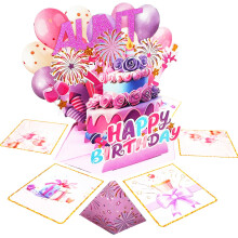 (AUNT) 3D Pop-Up Birthday Card for Granddaughter, Explosion Box with Cake and Balloons, Unique Foldable Greeting Card