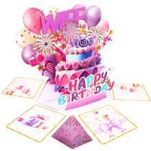 (WIFE) 3D Pop-Up Birthday Card for Granddaughter, Explosion Box with Cake and Balloons, Unique Foldable Greeting Card