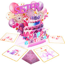 (SISTER) 3D Pop-Up Birthday Card for Granddaughter, Explosion Box with Cake and Balloons, Unique Foldable Greeting Card