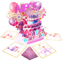 (NIECE) 3D Pop-Up Birthday Card for Granddaughter, Explosion Box with Cake and Balloons, Unique Foldable Greeting Card