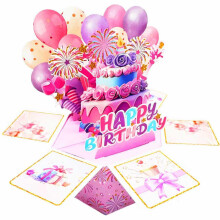 (Generic) 3D Pop-Up Birthday Card for Granddaughter, Explosion Box with Cake and Balloons, Unique Foldable Greeting Card
