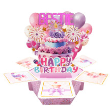 (BESTIE) 3D Pop-Up Birthday Card for Granddaughter, Explosion Box with Cake and Balloons, Unique Foldable Greeting Card
