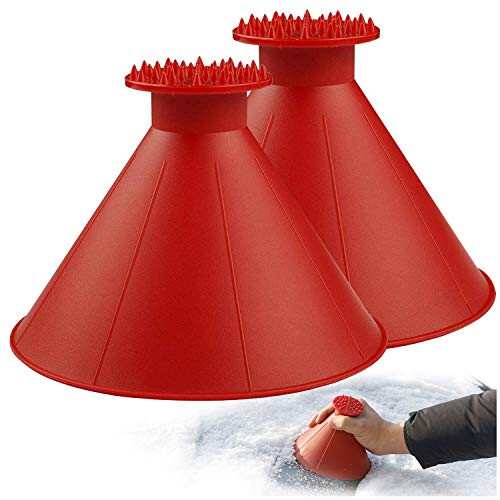 (2-pack) Dual-Pack Cone Shape Ice Scraper with Funnel Feature, Efficient Windshield Winter Care Tool, Vibrant Red Color