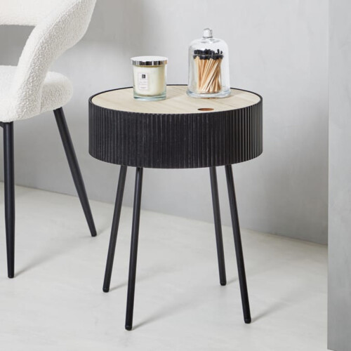 Black Ribbed Storage Table White Lift Top End Table Hidden Compartment 48.5x39cm