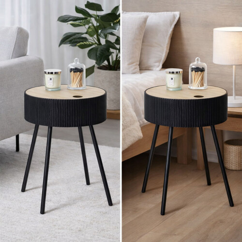 Black Ribbed Storage Table White Lift Top End Table Hidden Compartment 48.5x39cm 2