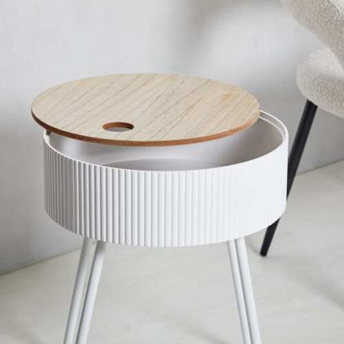 White Ribbed Storage Table White Lift Top End Table Hidden Compartment 48.5x39cm 1