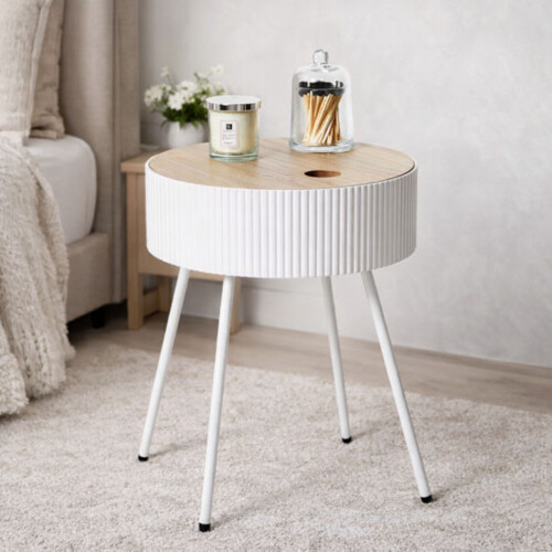 White Ribbed Storage Table White Lift Top End Table Hidden Compartment 48.5x39cm 2