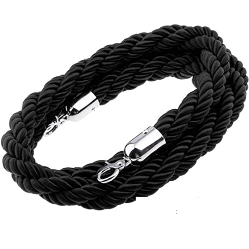 Twisted Queue Rope For Crowd Control, Black 7 Ft (215 Cm), Stanchion Rope With Silver Hook For Carpet Events
