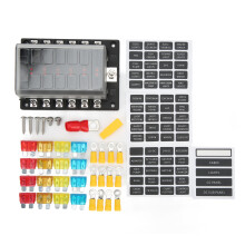 Držiak poistkovej skrinky s LED indikátorom, 12V poistkový panel, vodotesný kryt, 12-obvodový poistkový blok, držiak elektrických poistiek,