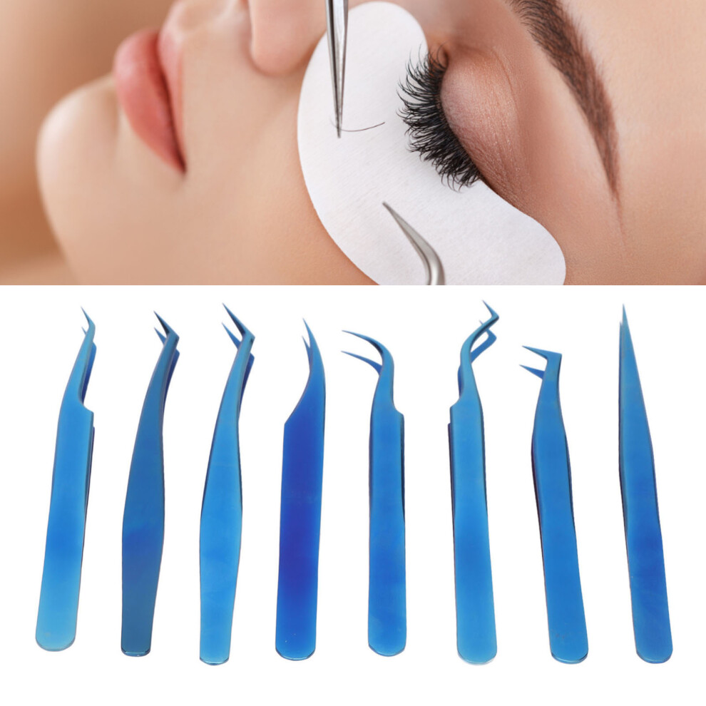 Blue 8Pcs Titanium Stainless Steel Eyelash Extension Tweezers Set For Professionals