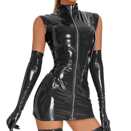 Leather Look Catsuit Open Shiny Jumpsuit Black 3XL