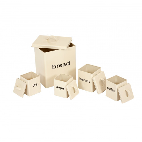 Oypla Oypla 5 Piece Cream Kitchen Canister Storage Tin Set Bread Biscuits Tea Sugar Coffee 1