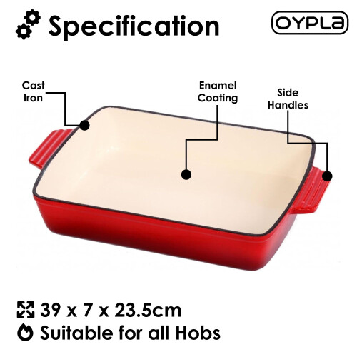 Oypla Oypla 39cm Cast Iron Roasting Pan Enamel Casserole Dish Oven Baking Roaster 1