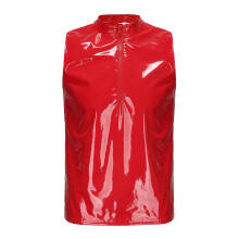 Men's Wetlook Tank Sleeveless Shiny Leather Shirt Vest L Red