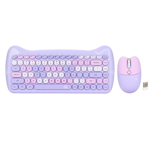 Cute Cat Shape Wireless Keyboard and Mouse Combo for Gaming Purple 1