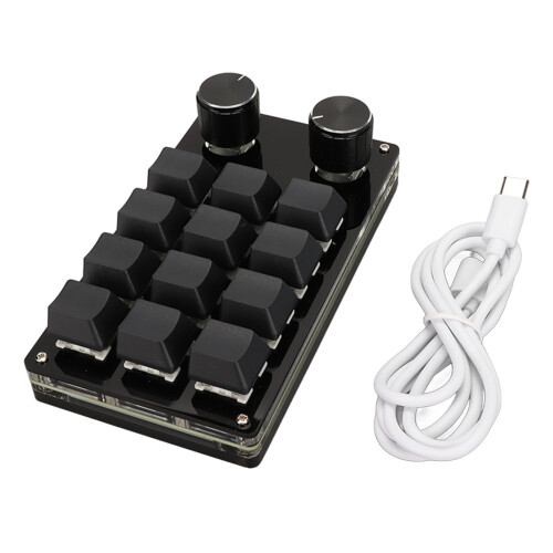 Keyboard 12 Keys Mini Size, Multifunction with 2 Knobs, Programmable Design for Portable Gaming (Blue)