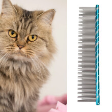 Ergonomic Cat Comb with Dual Density Stainless Steel Teeth Blue