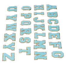 Letras para planchar de bordado para ropa, A-Z, borde azul con purpurina dorada, 26 piezas