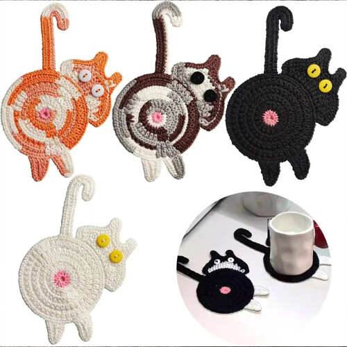 Pack of 4 Decorative Knitted Mats Cats Theme Mat Scratch-Set 1 2