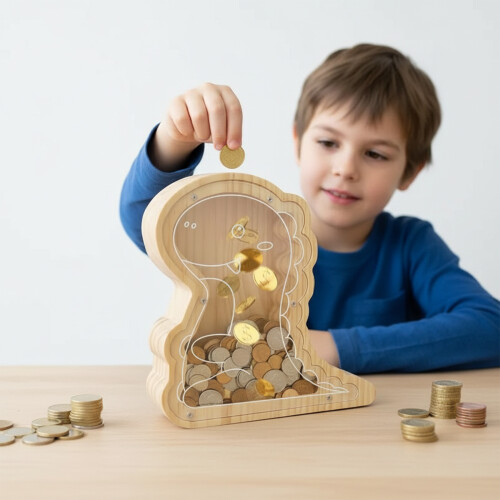 Lustige hölzerne Dinosaurier-Münzbox für Kinder,-H 2