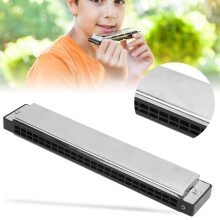 24 Hole C Key Harmonica, Silver & Black, Brass Backing Plate