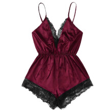 VNeck Lace Sexy Pajamas Underwear Bodysuit Fashion Women's Underwear Bodysuit Wine Red Size L