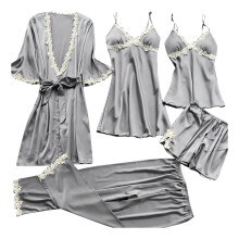 5piece ladies' lingerie set with garter belt, lace, bodysuit, underwear, silk stocking holder, size S gray