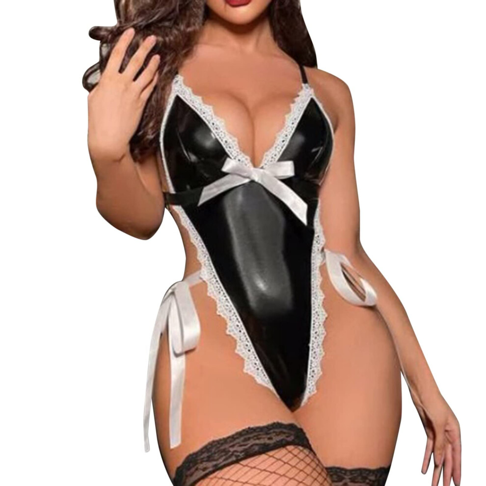 Latex Romper Clubwear Women Shiny Leather Bodysuit OnePiece Jumpsuit Black M