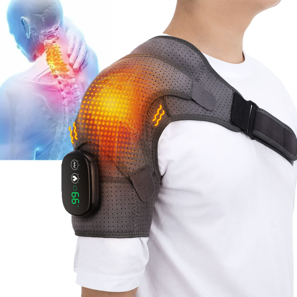 Heated Shoulder Brace Wrap, Cordless Electric Shoulder Support Pad With LED Display, 3 Vibration and Temperature Modes