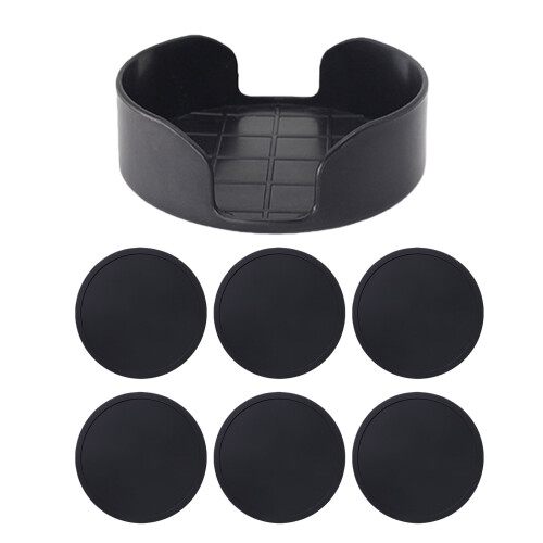 6Pcs Round Silicone Cup Pad Beverage Drink Coasters with-Black