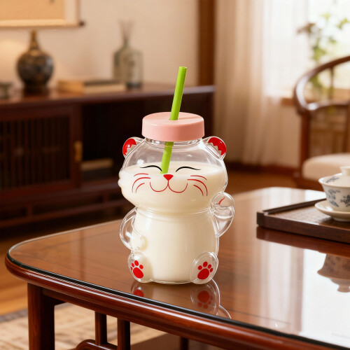 User Friendly Bear Shape Glass Cup With Straw Leak Proof- 1 3 2