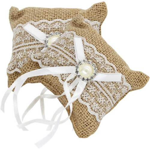 Ring Cushion, Creative Jute Wedding Ring Cushion, Rustic Lace Ring Pillow 1