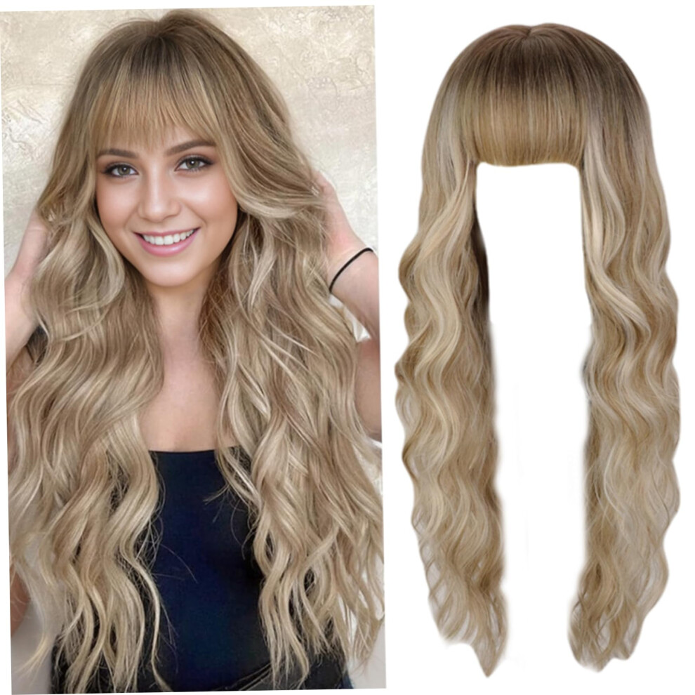 Unisex Blonde Wig 31.5 Inch Long Curly With Bangs Natural Blonde Wavy Heat Resistant Silk Synthetic Wig Skin Friendly For Women