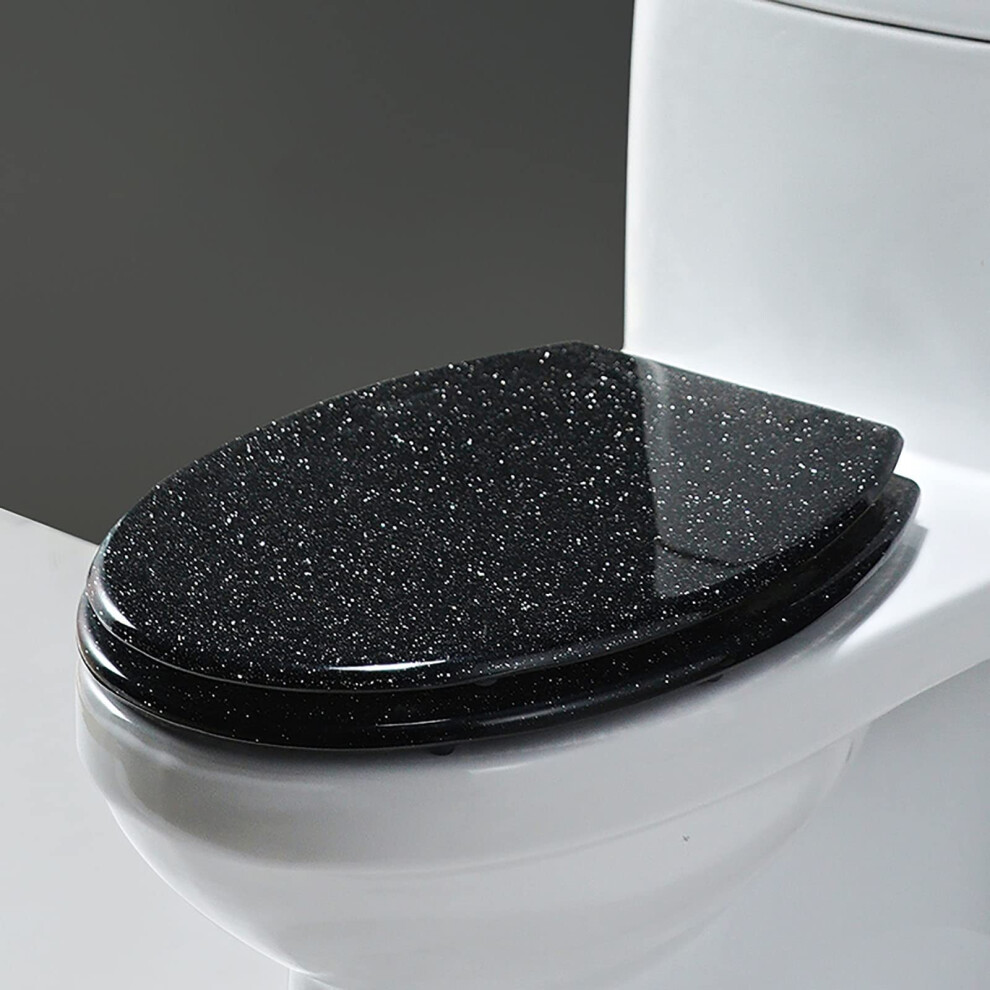 Glitter Finish Soft Close Toilet Seat With Quick Release Hinges, Adjustable, Easy Install, Clean, Black/Gold 9189345929267