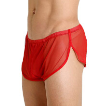 Men's Sexy Underwear Boxer Shorts Mesh Breathable Underwear Men's Mesh Shorts Transparent with Large Slit Lingerie Shirt Lace Red 3 XL