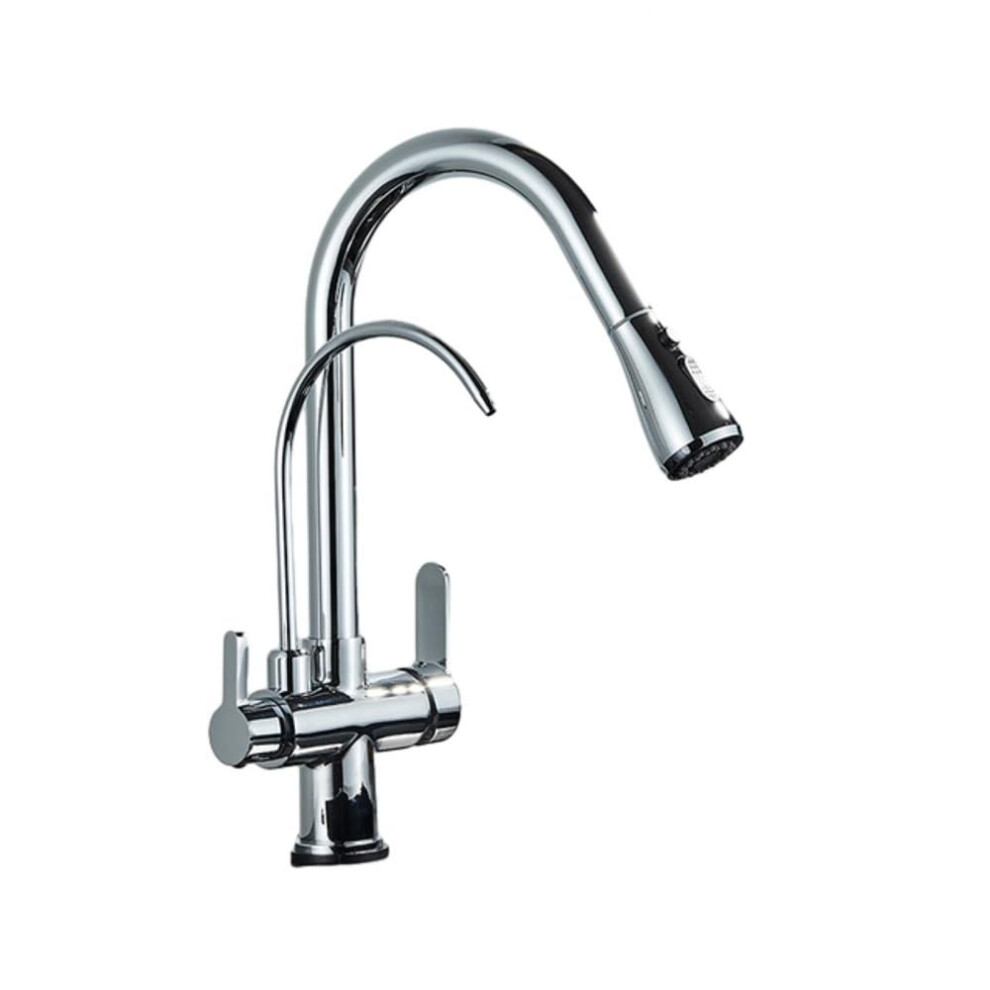 Antique Kitchen Sink, Mixer Tap, Hot And Cold, Pullout Faucet With Dual Water Outlets, Silver/Large Head. 9412369868541