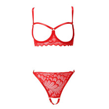 Floral lace underwired bra and panty set for women, transparent 2piece seductive lingerie, elegant red underwear size L