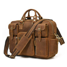 Vintage Briefcase Men's Leather Tote Bag Multi-Pocket Travel Computer Bag with Shoulder Strap and Durable Design