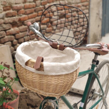 Bike Pet Basket Wicker Carrier with Metal Cover, Ideal for Pets, Toys, Books, Kids Bikes (Wood)