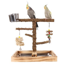 Parakeet Playground Parrot Stand With Feeder Cups Wooden Bird Perch Toy For Canaries Conures Lovebirds Indoor Outdoor