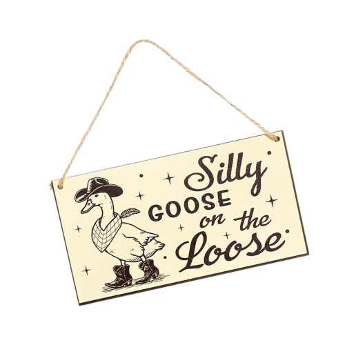 Playful Wooden Security Plaque with Gooses Illustration