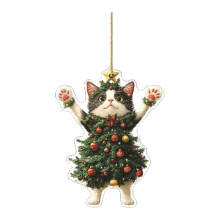 Christmas Tree Kitten Acrylic Keychain-SCY4182 Silver Star