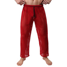 Men's Fashion Hollow Sexy Mesh Trousers Leisure Jumpsuit Red L