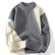 (GRAY, XL) Winter Men's Warm Sweater Patchwork O-Neck Knitted Pulovers Men Knit Sweaters