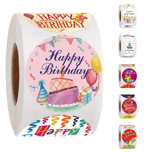 2 Rollen „Happy Birthday“, bunter runder-Stil 4 plus Stil 5 1