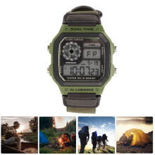 Digital-Sportuhr mit grünem Canvas-Armband, wasserdicht, 26,6 cm, Retro-Outdoor