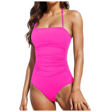 Women's Mesh 1 Piece Swimwear Push Up Padded Tank Ruched Maternity Swimsuit Hot Pink Size M