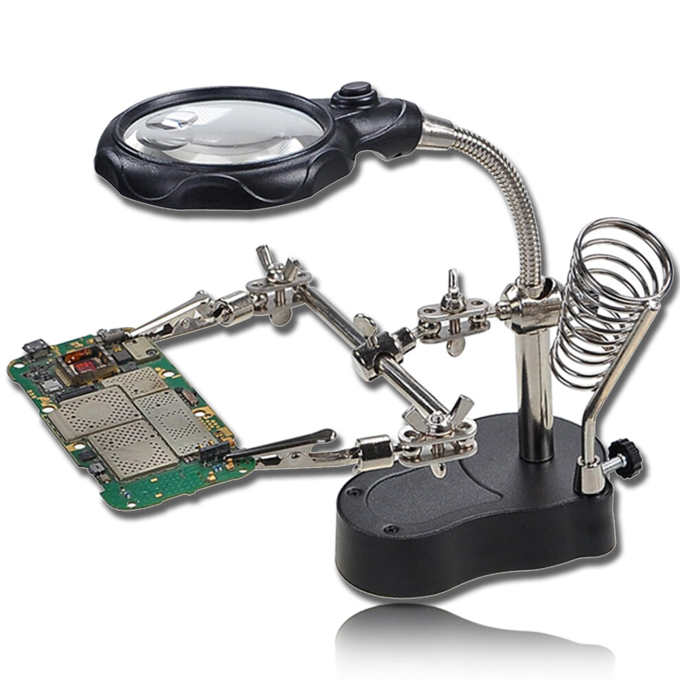 Black Adjustable Led Magnifying Glass Soldering Station With 3.5X 12X Magnification, 360 Lamp, Alligator Clips, For Miniature Projects