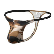 Men's Printed Breathable Camouflage Low Waist Knitted Thong Briefs with Tummy Control